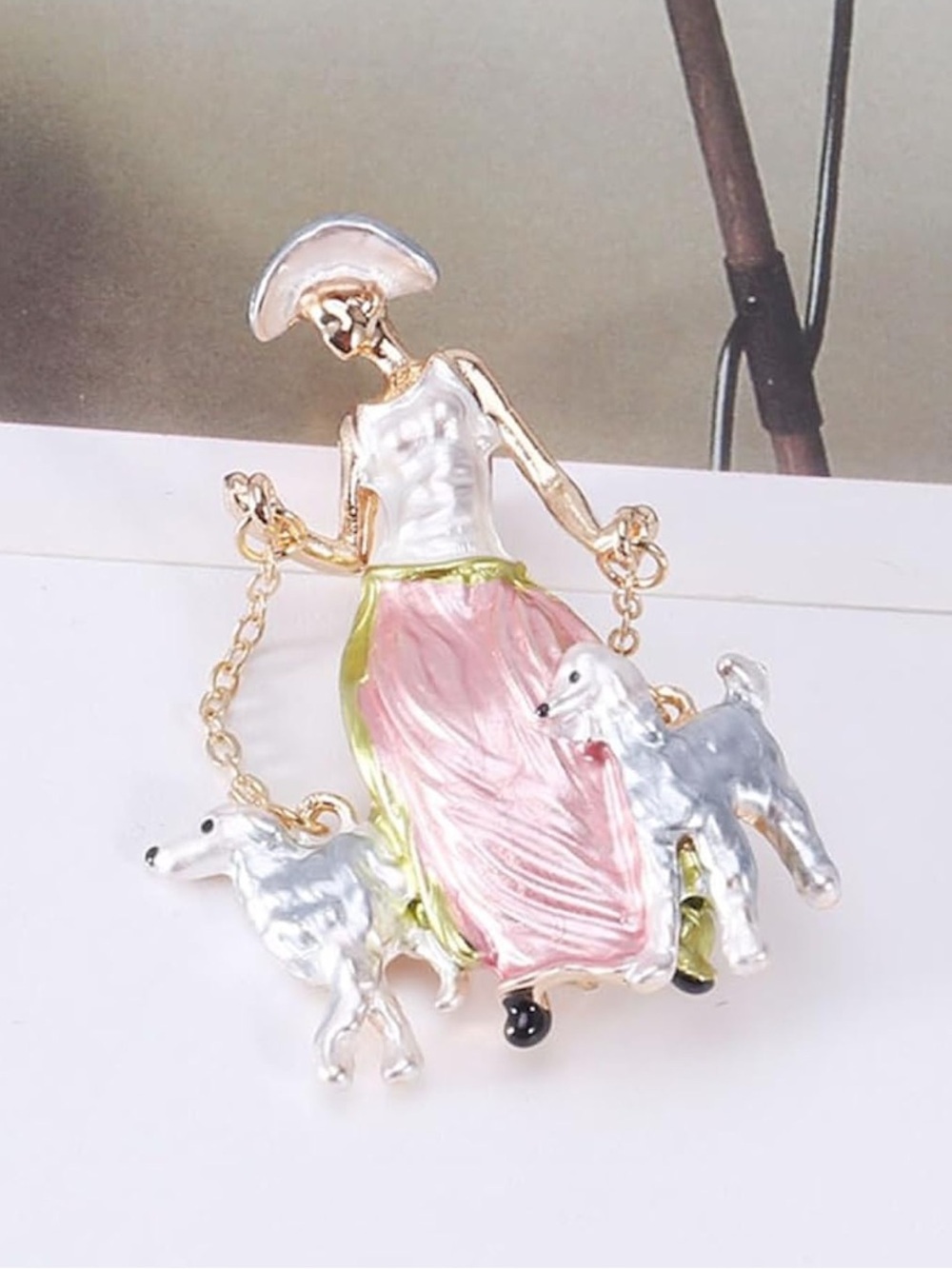 Vintage Lady Walking Dogs Brooch Pin | Enamel Fashion Jewelry - Picture 7 of 8